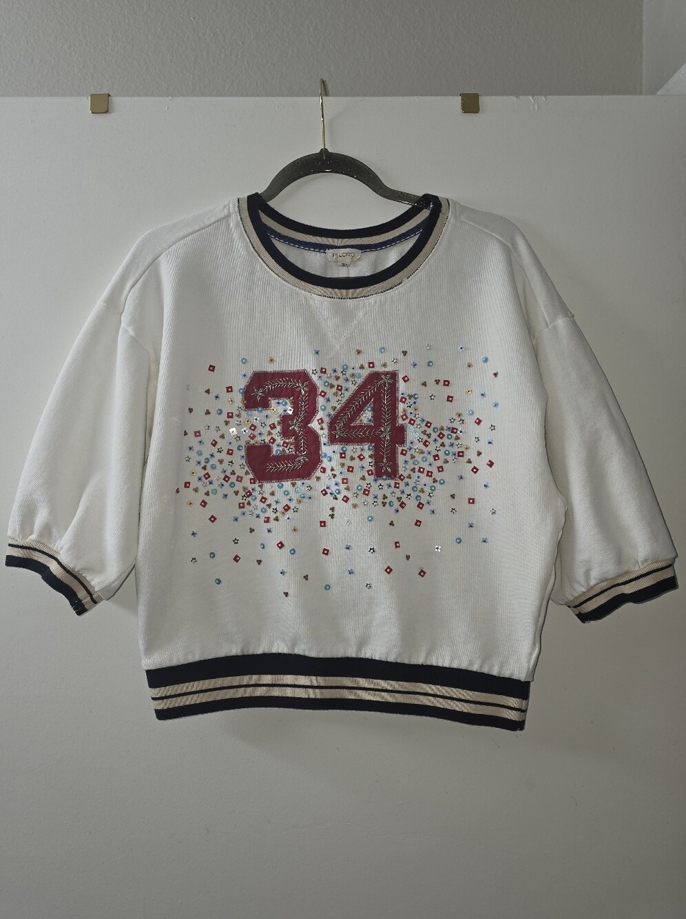 Pilcro By Anthropologie Sporty "34" Sequined Short Sleeve Sweatshirt Size M